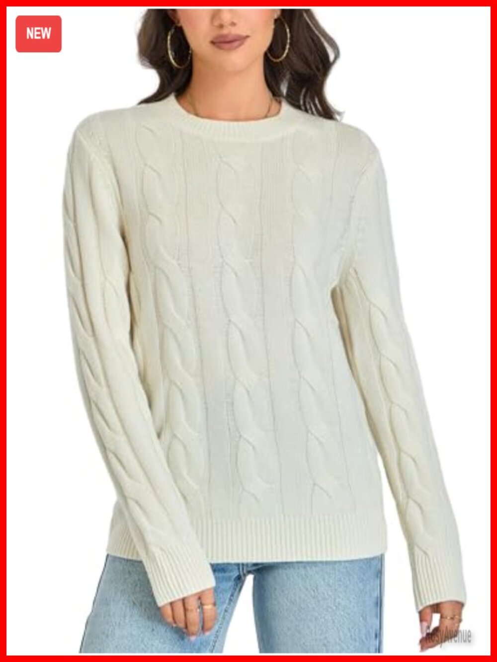 Merino Wool Cable Knit Crewneck Sweater Chunky Pullover